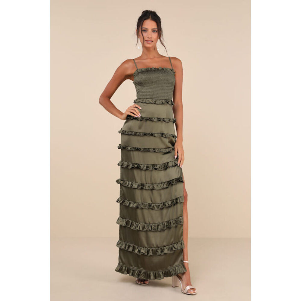 Lulus Sincerely Fabulous Olive Green Satin Smocked Ruffled Maxi Dress - Size L
